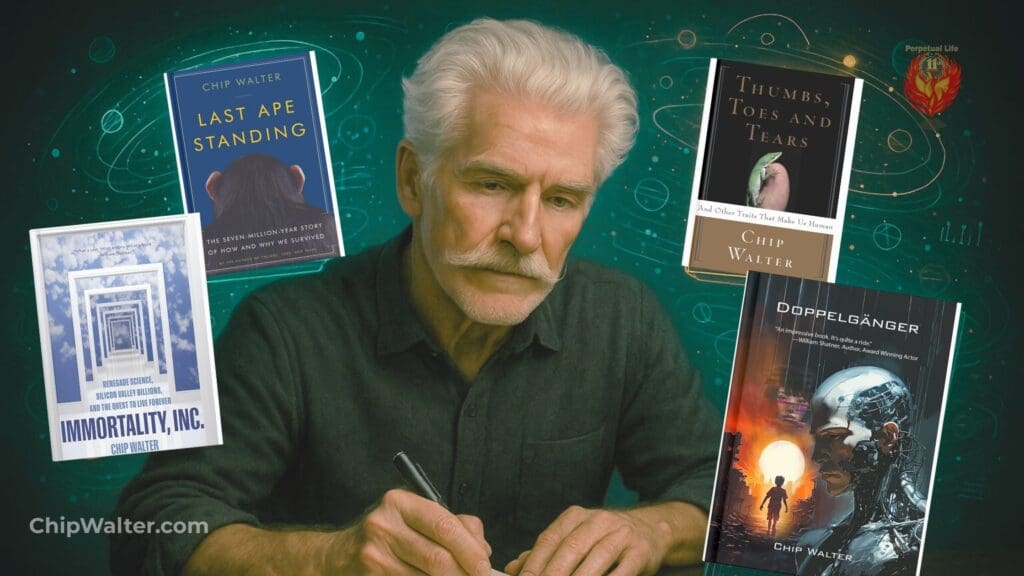 AI-generated portrait of Chip Walter surrounded by visuals of his published books