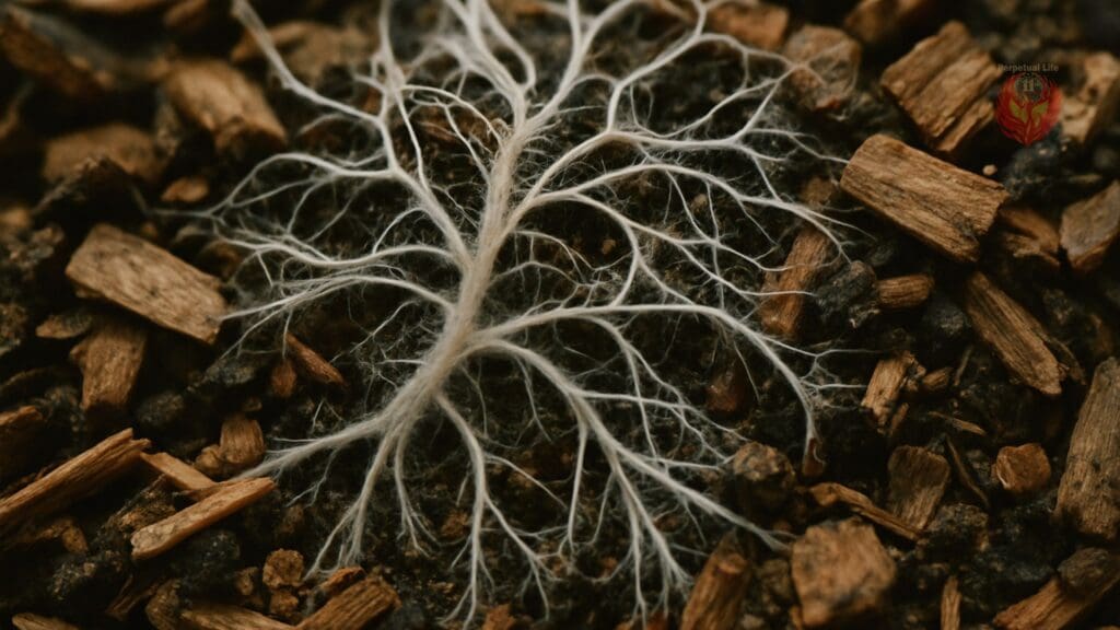 Detailed view of mycelium filaments growing through a substrate, illustrating the intricate structure of mycelium.