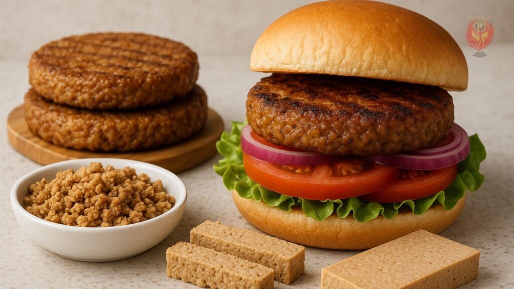 A plate of mycelium-based plant-based burgers, showcasing the delicious and sustainable food alternatives made from fungi.