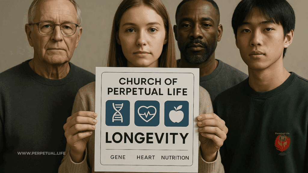 Event preview graphic for the May 29 Church of Perpetual Life service on Cardiac Arrest Prevention, Longevity Nutrition, and Age Reversal.