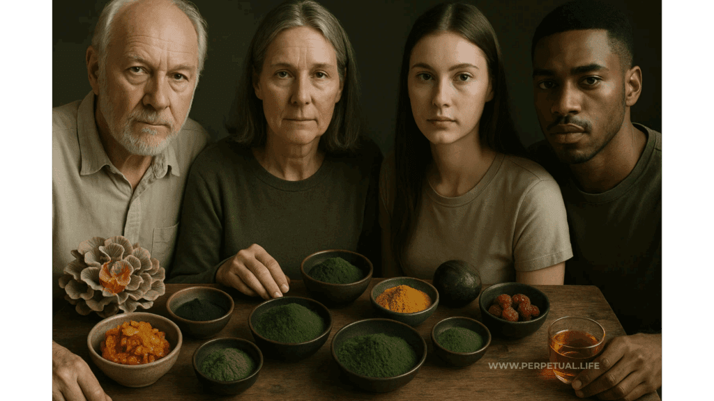 Visual display of nutrient-rich foods and supplements used in Longevity Nutrition strategies, including mushrooms and green powders.