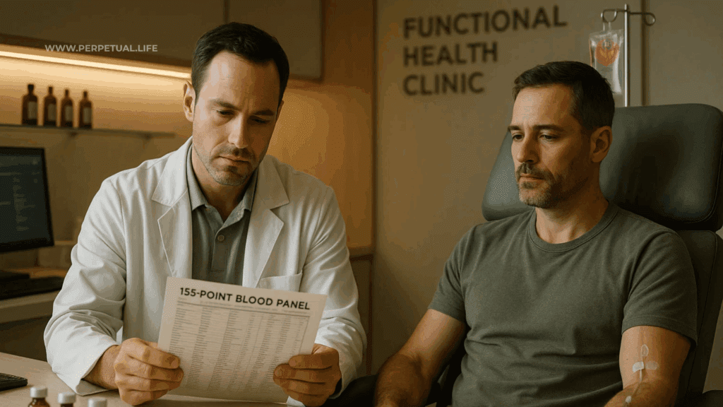 Clinic scene illustrating diagnostic blood panels and IV therapy aimed at preventing cardiac issues and extending longevity.