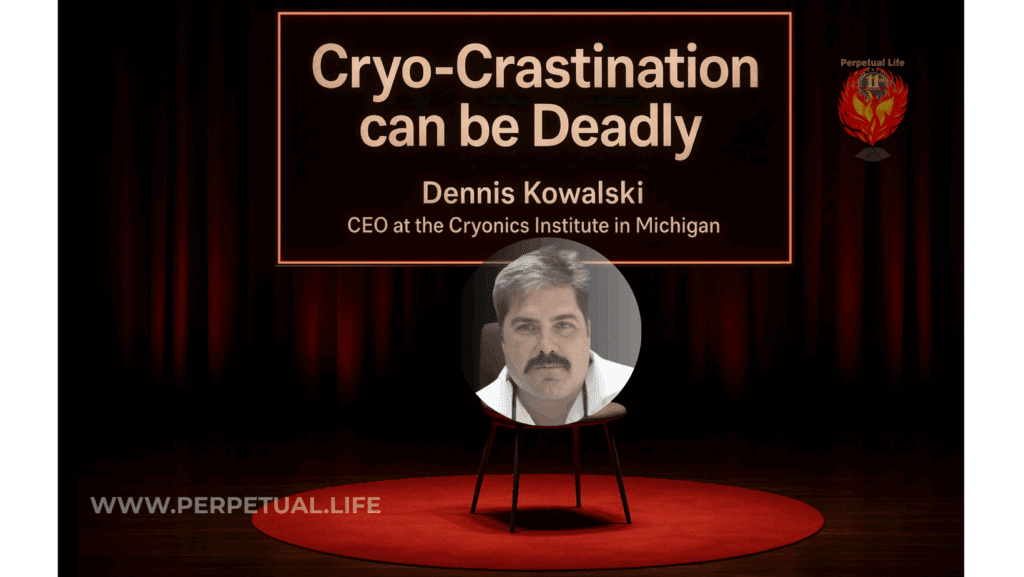 Empty stage with chair for cryonics preparedness session by Dennis Kowalski, cryonics emergency system